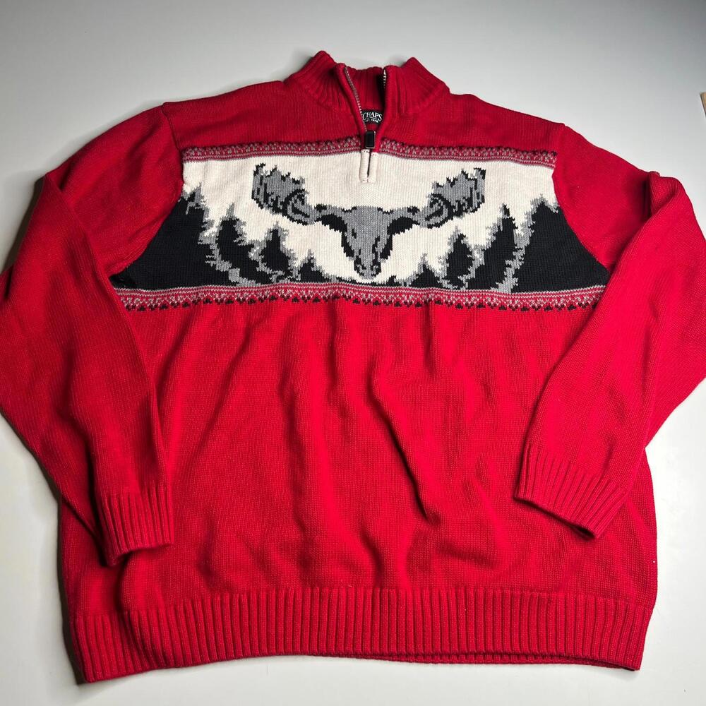 Vintage CHAPS Ralph Lauren Red Zip Neck Sweater Moose Graphic XXL Cotton